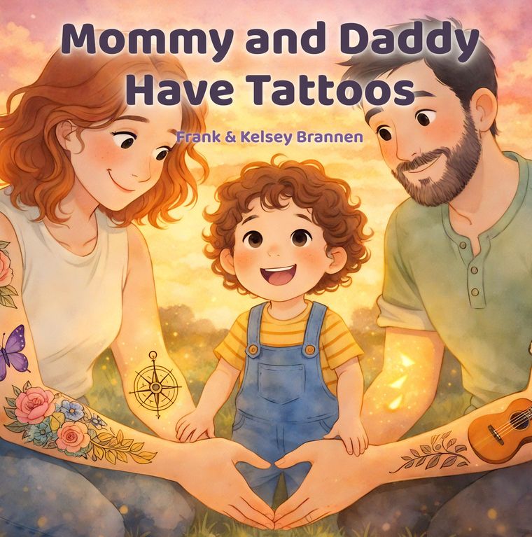 Cover of Mommy and Daddy Have Tattoos: a happy family of three at sunset, the parents' arms covered in colorful tattoos